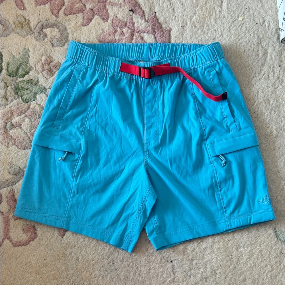 The North Face Men's Turquoise Cargo Shorts with Red Belt